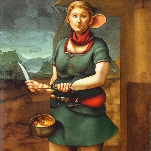 Prompt: determined elf woman with short blonde hair wearing a kitchen maid's uniform while holding a chef's knife and standing in the rain, fantasy, character portrait, Michelangelo painting