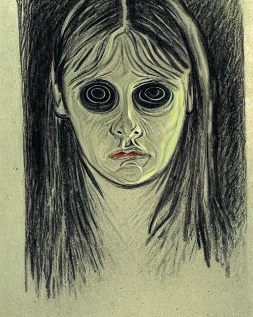 Image similar to scary portrait of a young female with glowing eyes, drawing by Edvard Munch