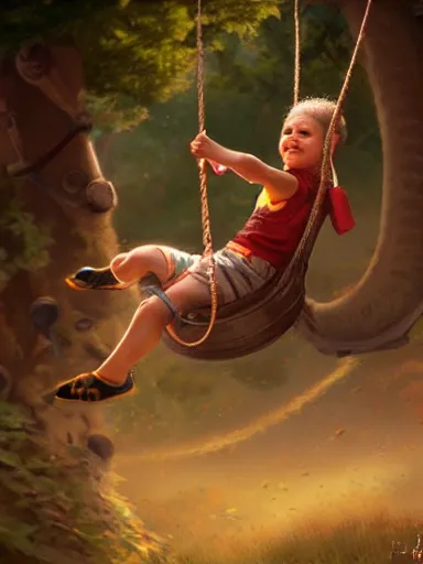 Prompt: a kid having fun on a tire swing. intricate, elegant, highly detailed, digital painting, artstation, concept art, sharp focus, illustration, by justin gerard and artgerm, 8 k