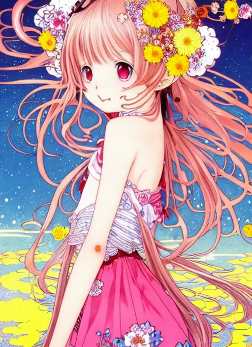 Image similar to exquisite imaginative manga poster art of a smiley girl, long wavy hair, stars, flowers, lolita dress, shimmering, by kojima ayami, shigenori soejima, minaba hideo, alphonse mucha, jump comics, shogakukan, art nouveau, illustration, artstation, highly detailed, 8 k, fluorescent, maximalist