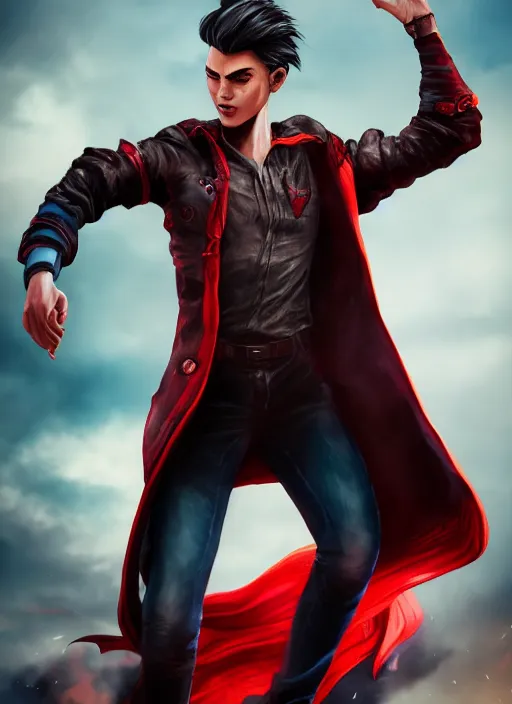 Prompt: An epic fantasy comic book style portrait painting of a young man with black and red cowlick undercut haircut, wearing a red shirt, black overcoat, blue jeans. Unreal 5, DAZ, hyperrealistic, octane render, cosplay, RPG portrait, dynamic lighting