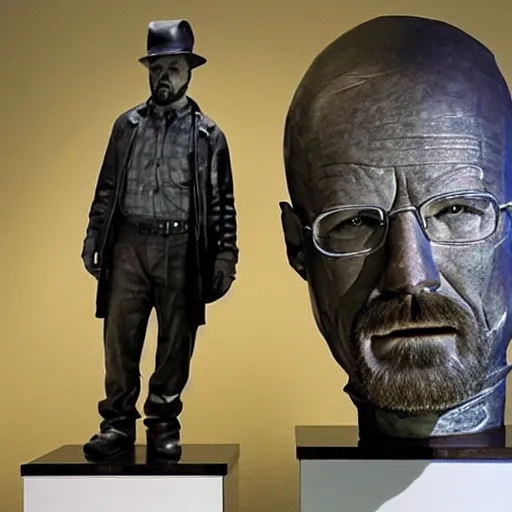 Prompt: jesse pinkman and walter white has been transformed into inanimate bronze statues, in a museum
