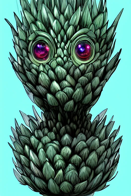 Image similar to a humanoid artichoke monster with large orb eyes, highly detailed, digital art, sharp focus, trending on art station, plant, anime art style