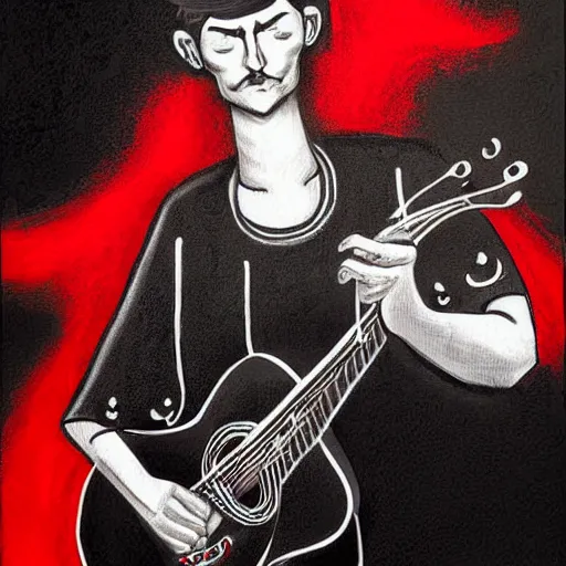 Image similar to black white red realistic painting on black paper, folkloric illustration , the guitar player , tarot by Andreas Rocha
