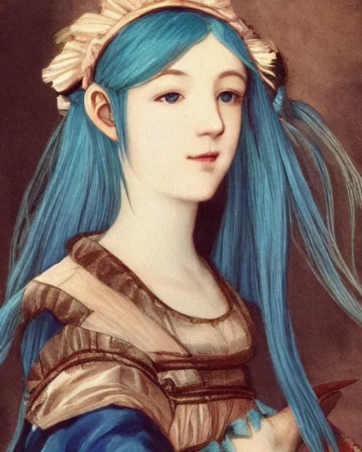 Prompt: 19th century romantic painting of hatsune miku, blue hair, golden ratio