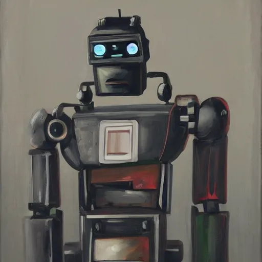 Prompt: a dark portrait of an old uncomissioned robot, making a painting of the not too distant future