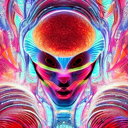 Image similar to Face of a Alien Deity, centered, corals, plume made of geometry, extremly detailed digital painting, sharp focus in the style of android jones, artwork of a futuristic artificial intelligence superstar with frames made of detailed circuits, mystical colors, rim light, beautiful lighting, 8k, stunning scene, raytracing, octane, under water visual distortion, dark tones colors, trending on artstation