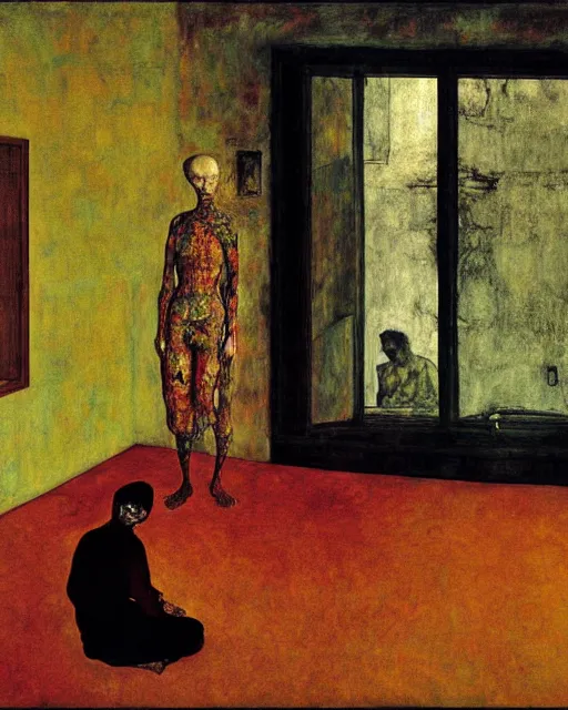 Image similar to early color photo of an old dead couple sitting in a living room in an old apartment and a man is looking through a window,  Beksinski impasto painting, part by Egon Schiele and Gerhard Richter. art by Francisco Goya and Takato Yamamoto,  Francis Bacon masterpiece