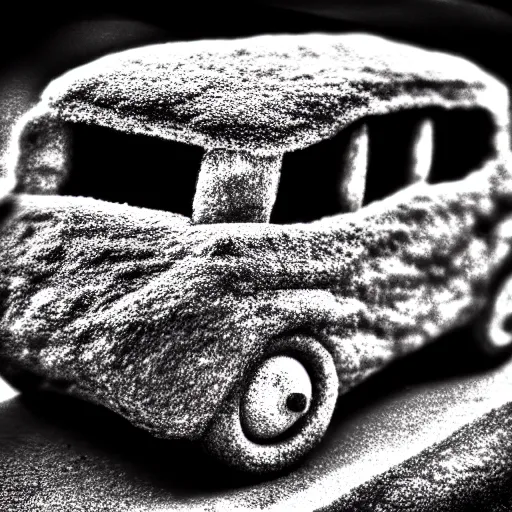 Prompt: car in bread, photograph, 4 k black and white photograph