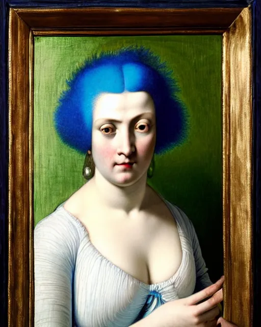 Prompt: portrait of a woman with a beauty mask and neon blue hair, wearing a white t-shirt, standing in front of the mirror in her room, intricate details, high detail, in a renaissance style, super-flat, in the style of Jean Auguste Dominique Ingres, James Jean, punk