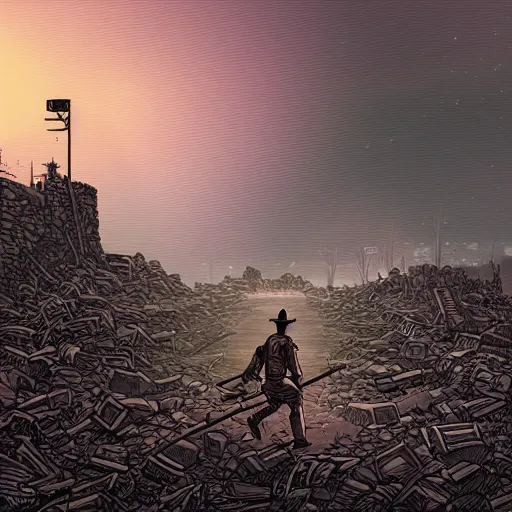Image similar to a lone soldier walks along a line in a ruined city by dan mumford