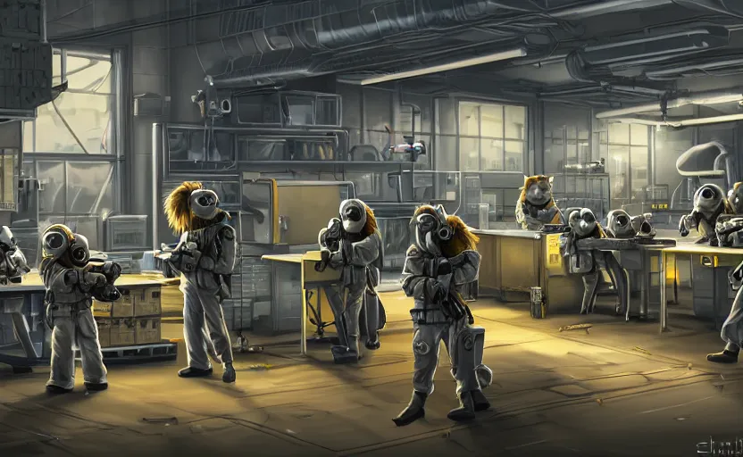 Prompt: epic scenic shot, highly detailed weapons laboratory, clean and organized, quantum technology, bright lights, warehouse, with anthropomorphic furry researchers in military uniforms and hazmat suits, carrying guns, tables, parts, gun scraps, windows, sci fi, Extremely detailed digital art, furry art, furaffinity, DeviantArt, HD artstation