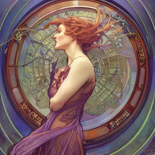 Prompt: realistic detailed painting of a woman floating in a glowing cylinder in a science fiction laboratory by Alphonse Mucha, Ayami Kojima, Amano, Charlie Bowater, Karol Bak, Greg Hildebrandt, Jean Delville, and Mark Brooks, Art Nouveau, Neo-Gothic, gothic, rich deep colors