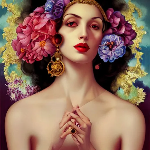 Prompt: dynamic composition, a painting of woman with hair of summer flowers and vines wearing ornate earrings,, ornate gilded details, a surrealist painting by tom bagshaw and jacek yerga and tamara de lempicka and jesse king, featured on cgsociety, pop surrealism, surrealist, dramatic lighting, wiccan, pre - raphaelite