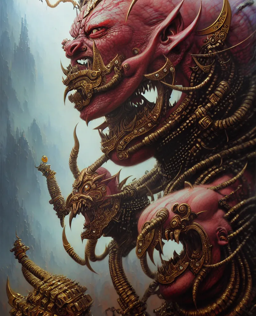 Image similar to beautiful ferocious brutal ravana fantasy character portrait, close - up, headshot, ultra realistic, intricate details, the fifth element artifacts, highly detailed by peter mohrbacher, hajime sorayama, wayne barlowe, boris vallejo, aaron horkey, gaston bussiere, craig mullins