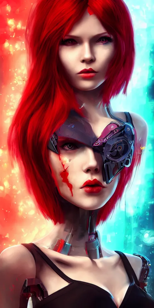 Prompt: Robot girl with red hair Cyber punk 2077, a very beautiful portrait, Devil May Cry game style, woman wrapped in lily flowers, photorealism