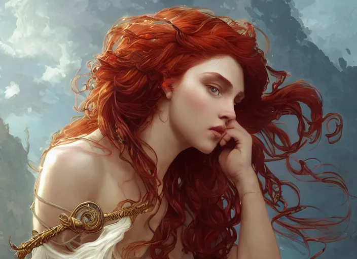 Image similar to A gorgeous Greek Goddess with long flowing red hair, fantasy, intricate, elegant, highly detailed, D&D, digital painting, artstation, concept art, matte painting, sharp focus, illustration, in the style of Greg Rutkowski and Alphonse Mucha and artemisia gentileschi