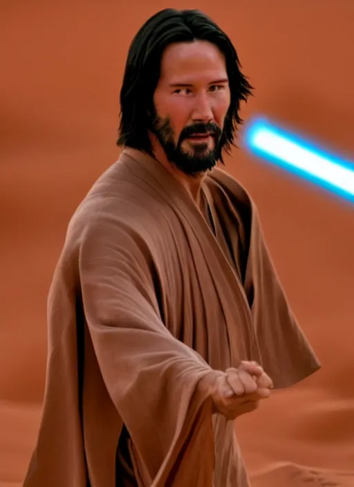 Image similar to close - up keanu reeves as a jedi holding a lightsaber, a red sand desert, 8 k, shallow depth of field, intricate detail,