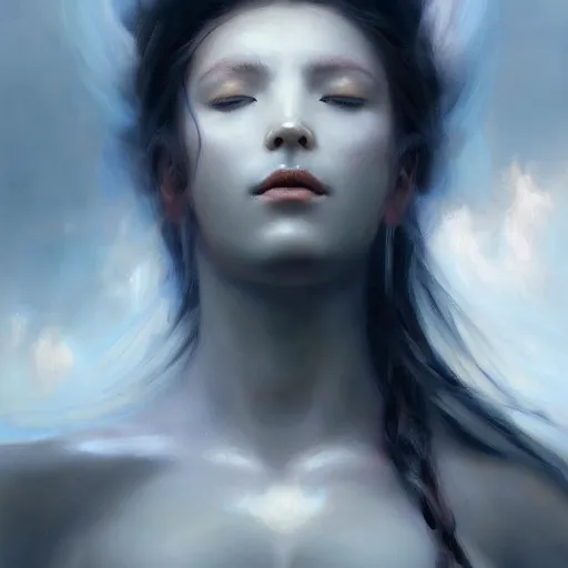 Prompt: a painting of a cloud goddess with clouds around her and blank eyes, a hyperrealistic painting by Raymond Swanland, featured on cgsociety, fantasy art, daz3d, artstation hd, hyper-realistic