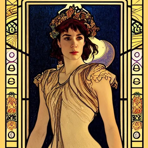 Image similar to sara paulson portrait by louis - theophile hingre and alphonse mucha, realistic, sharp focus, zodiac signs, tarot cards, planets, ethereal, art nouveau, magic, moon, sun, crown, dreamy, royal, jewellery