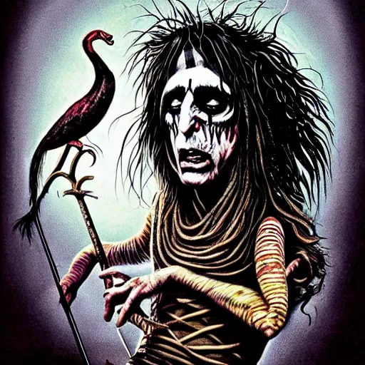 Image similar to graphic illustration, creative design, alice cooper as a witch, biopunk, francis bacon, highly detailed, hunter s thompson, concept art