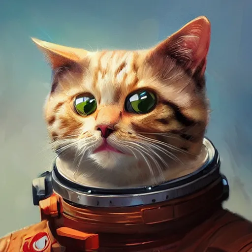 Image similar to head and shoulders masterpiece portrait of a cute adorable cat wearing a spacesuit, surreal background, digital art by krenz cushart, trending on artstation, cgsociety,