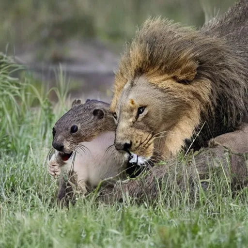 Prompt: a photo of a small beaver trying to take on a lion, the lion is scared.