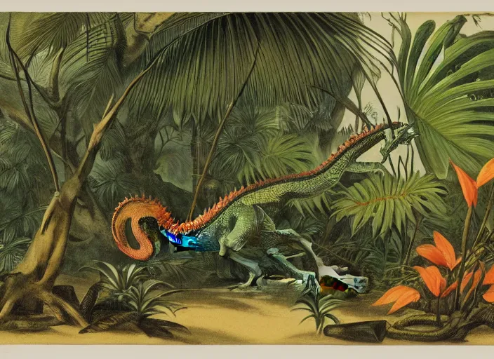 Prompt: a dragon in a tropical forest, john james audubon, vintage botanical, intaglio