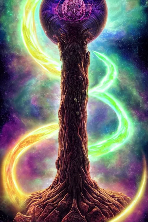 Image similar to yggdrasil as an enormous sentient deity of the stars made of exotic matter, in hyperbolic space, a dnd illustration of an esoteric concept by cgsociety and james gurney, artstation, hdr, rtx, iridescent