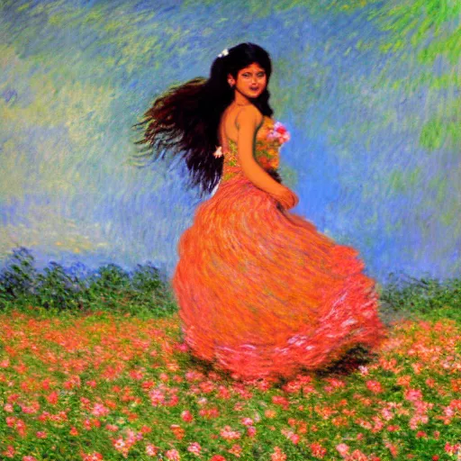 Image similar to beautiful tan mexican woman, dancing in a field of roses, full body, prominent rosy cheek bones, black hair and brown eyes, monet art style,