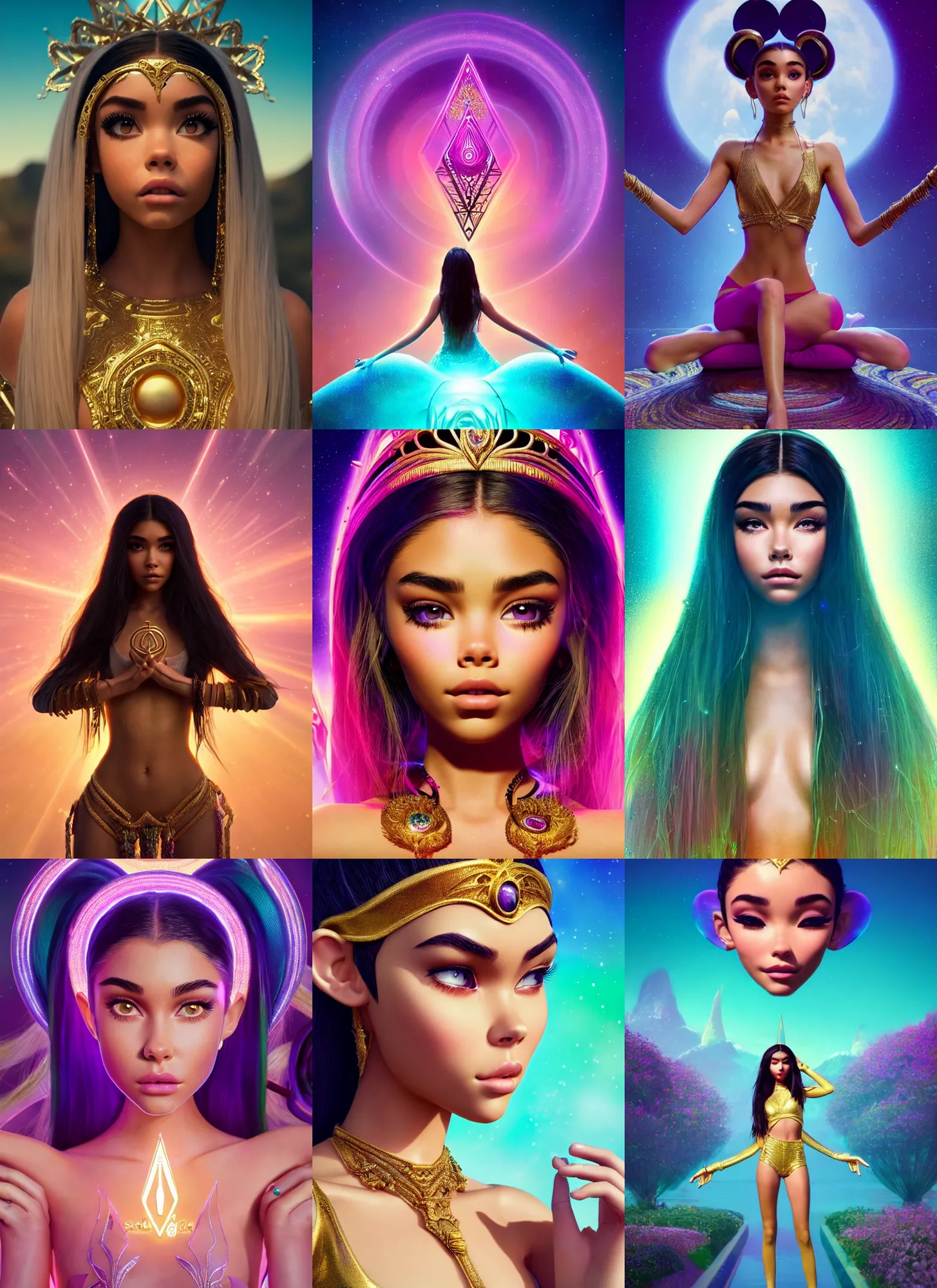 Prompt: madison beer as edm yogi | jewelry | glamorous oily soft polished rich alluring ornate modern | weta disney pixar movie still photo | hi - fructose, sci fi fantasy, golden ratio, smooth, octane render, sharp focus, artstation, concept art | beeple, rhads, rutkowski, artgerm, mucha, wlop, loish |