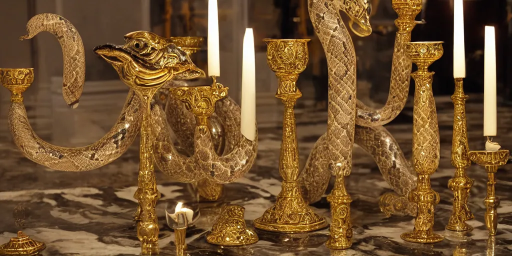 Image similar to snake with gold and silver pattern on a marble floor, candles and intricate candlesticks, by Andres Rios, H 576