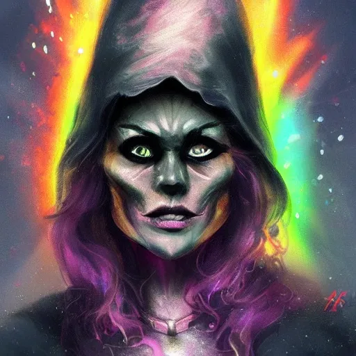 Image similar to a witch in the rainbow universe waiting for superpower from other galaxy, concept art trending on artstation,