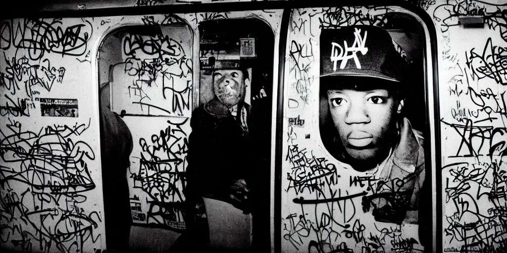 Image similar to subway cabin inside all in graffiti, man in carhartt jacket closeup writing graffiti, night, film photography, exposed b & w photography, christopher morris photography, bruce davidson photography