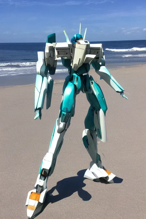 Image similar to a macross mecha posing on the beach