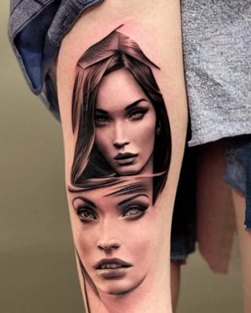 Image similar to creative double exposure effect tattoo design sketch of megan fox faded in beautiful mountain scenery, realism tattoo, in the style of matteo pasqualin, amazing detail, sharp