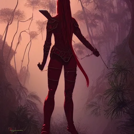 Image similar to warrior princess with red armor walking through a jungle, moebius, Jean Giraud, landscape, epic, artstation, dusk