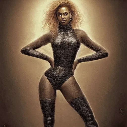 Image similar to intense Beyonce full body, painted by michael karcz