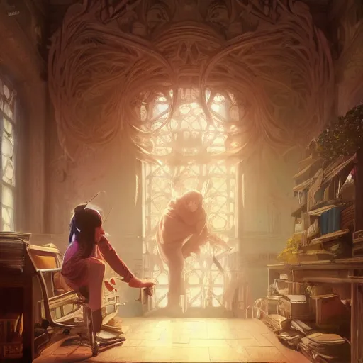 Image similar to Highly detailed portrait of a teacher freaking out at students, Stephen Bliss, unreal engine, fantasy art by Greg Rutkowski, Loish, Rhads, ferdinand knab, Makoto Shinkai and Lois van baarle, ilya kuvshinov, rossdraws, Tom Bagshaw, alphonse mucha, global illumination, radiant light, detailed and intricate environment