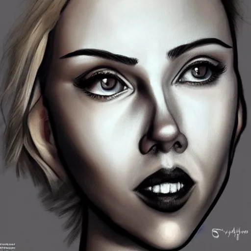 Image similar to funny caricature painting of scarlett johansson, closeup of face, exaggerated features, highly detailed, drawing by mahesh nambiar, sebastian kruger, archille superbi, carola rubio, artstation