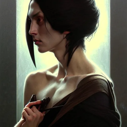 Image similar to portrait painting of an androgynous witch with shoulder length flowing black hair pale skin and beautiful dark brown eyes, ultra realistic, concept art, intricate details, eerie, highly detailed, photorealistic, octane render, 8 k, unreal engine. art by artgerm and greg rutkowski and alphonse mucha