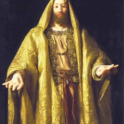 Prompt: a man wearing a long cloak and hood, golden chains, embroidery, holding gold crown, baroque elements, realistic oil painting, high detail