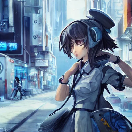 Image similar to dynamic composition, motion, ultra-detailed, incredibly detailed, a lot of details, amazing fine details and brush strokes, colorful and grayish palette, smooth, HD semirealistic anime CG concept art digital painting, watercolor oil painting of Clean and detailed post-cyberpunk sci-fi close-up schoolgirl in asian city in style of cytus and deemo, blue flame, relaxing, calm and mysterious vibes,, by a Chinese artist at ArtStation, by Huang Guangjian, Fenghua Zhong, Ruan Jia, Xin Jin and Wei Chang. Realistic artwork of a Chinese videogame, gradients, gentle an harmonic grayish colors. set in half-life 2, Matrix, GITS, Blade Runner, Neotokyo Source, Syndicate(2012), dynamic composition, beautiful with eerie vibes, very inspirational, very stylish, with gradients, surrealistic, dystopia, postapocalyptic vibes, depth of field, mist, rich cinematic atmosphere, perfect digital art, mystical journey in strange world