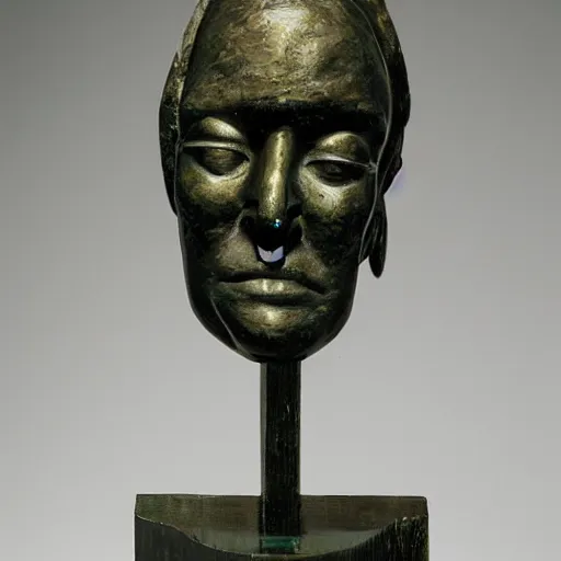 Image similar to romantic by frederic remington, by tracey emin the simpsons. a beautiful sculpture of a human face with a bird's beak protruding from the forehead.