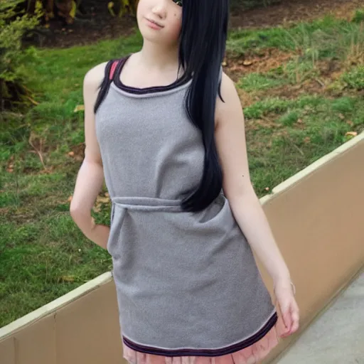 Image similar to girl in anime style with short grey hair wearing a potato sack dress