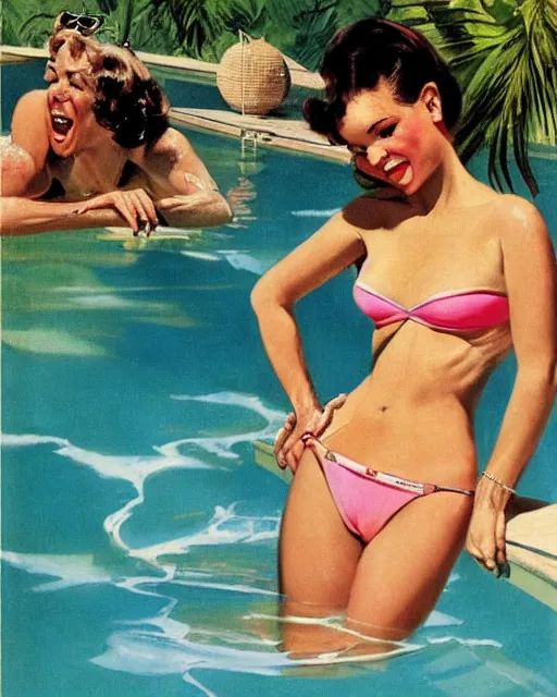 Image similar to tuesday weld in a pink bikini, tuesday weld half immersed in water in a palm springs midcentury swimming pool by gil elvgren, by mort kunstler, by basil gogos