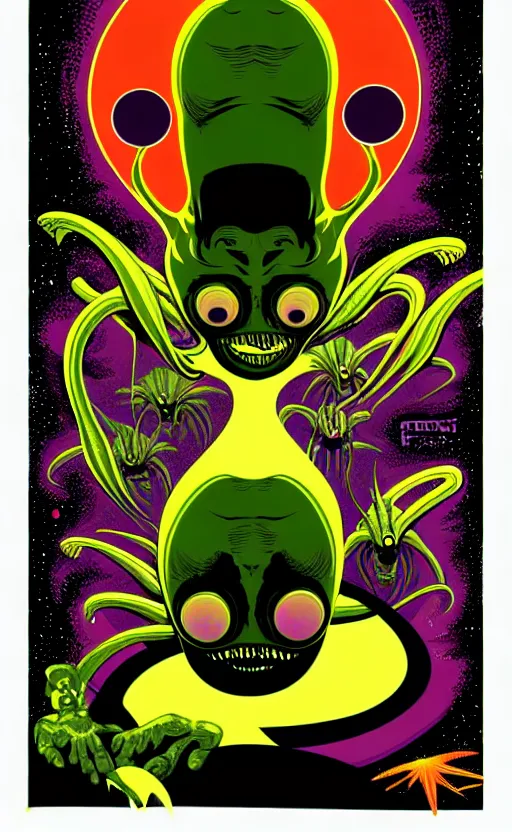 Image similar to psychedelic aliens, wide angle shot, white background, vector art, illustration by frank frazetta