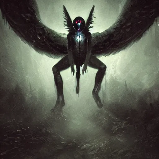 Image similar to a hyper realistic portrait painting of the mothman, glowing eyes, creepy, backlight, horror vibe, real, realistic lighting in the style of greg rutkowski,