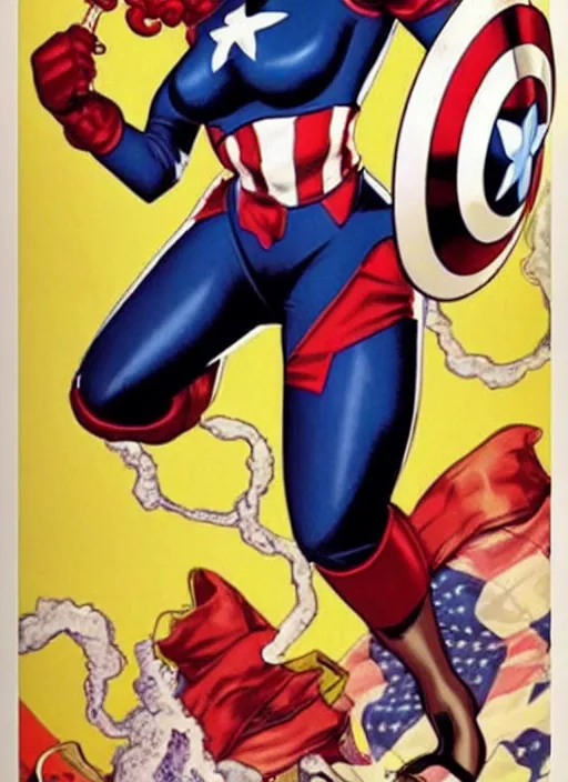 Prompt: beautiful black female captain america. afro - feminist captain america wins wwii. american wwii propaganda poster by carole feuerman, masamune shirow, rob liefeld and pixar. gorgeous face. pin up model. overwatch, realistic