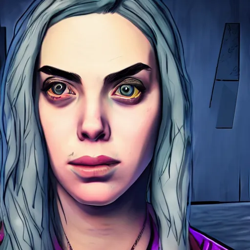 Image similar to billie eilish portrait, borderlands, tales from the borderlands, the wolf among us, comic, cinematic lighting, studio quality, 8 k